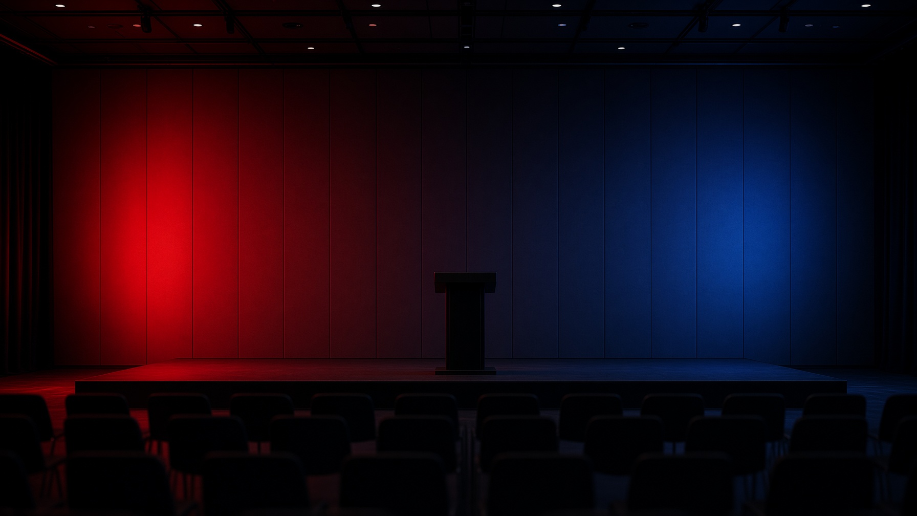Reconstruction — empty split stage, scarlet vs navy house lights. Attention as lighting, not a person.