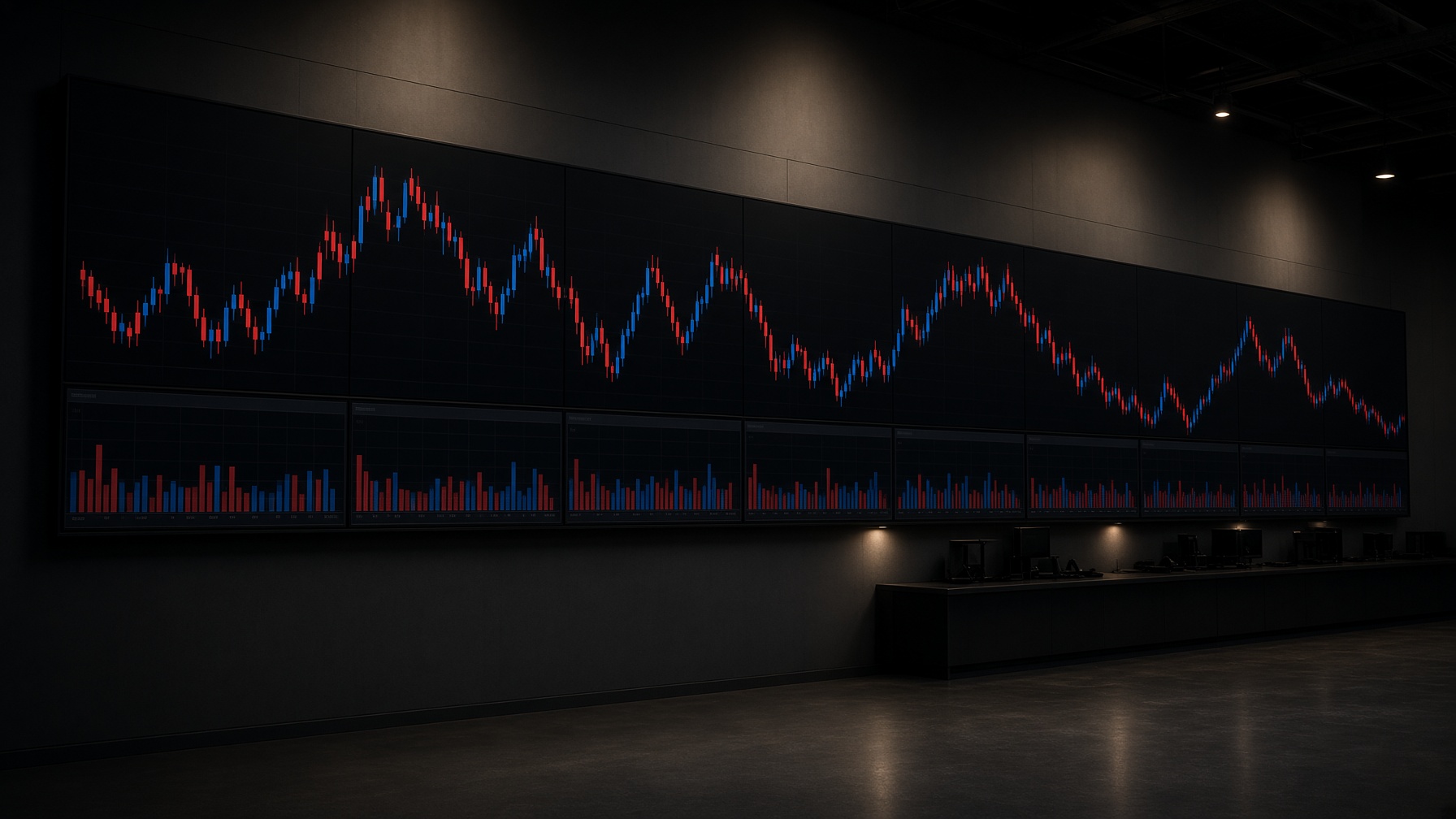 Reconstruction — unlabeled ticker wall, red and blue traces. After hours. A squeeze is not a product.