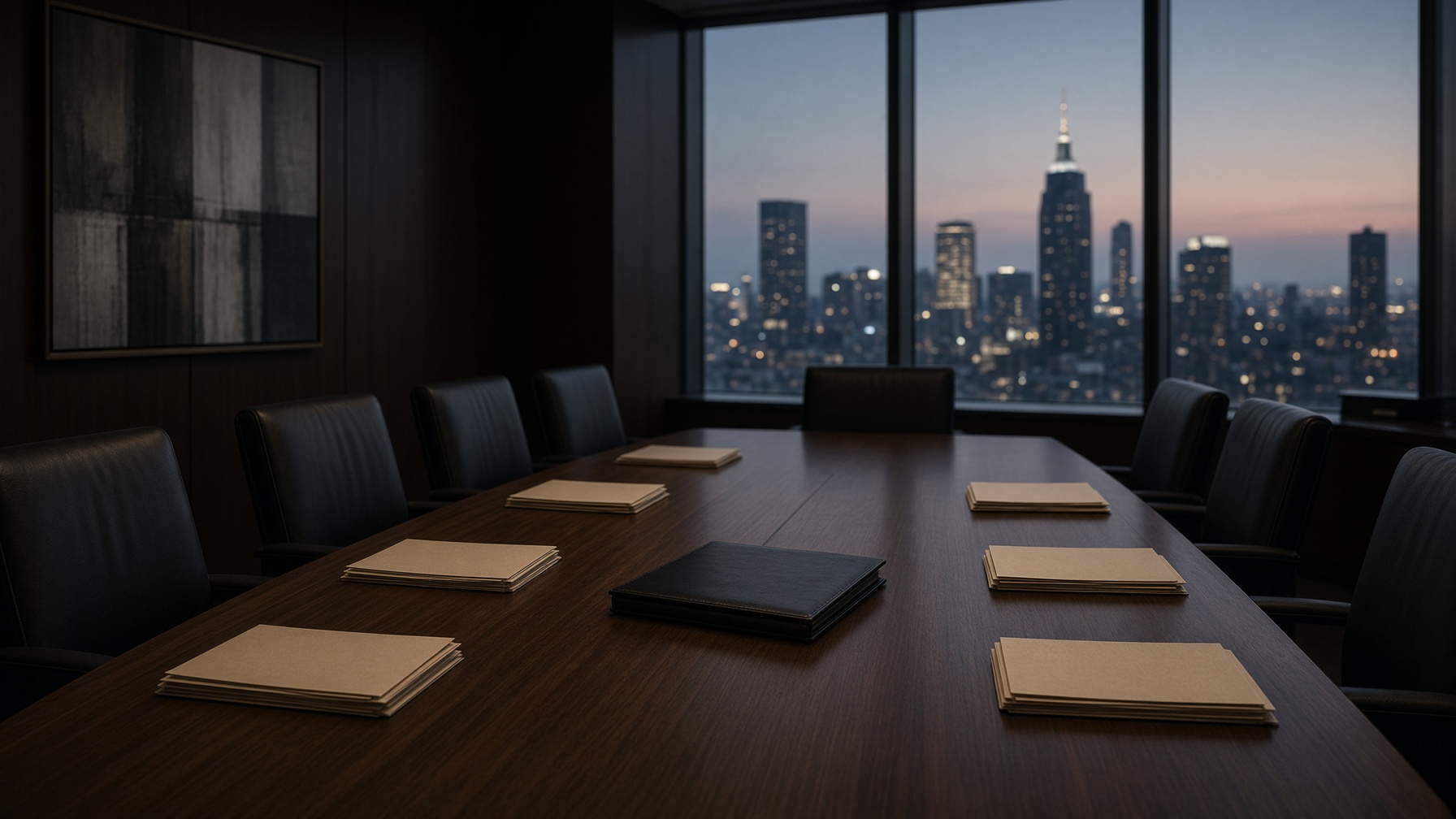 Reconstruction — empty boardroom, unmarked folders. Not a Tesla or SpaceX meeting. No people.
