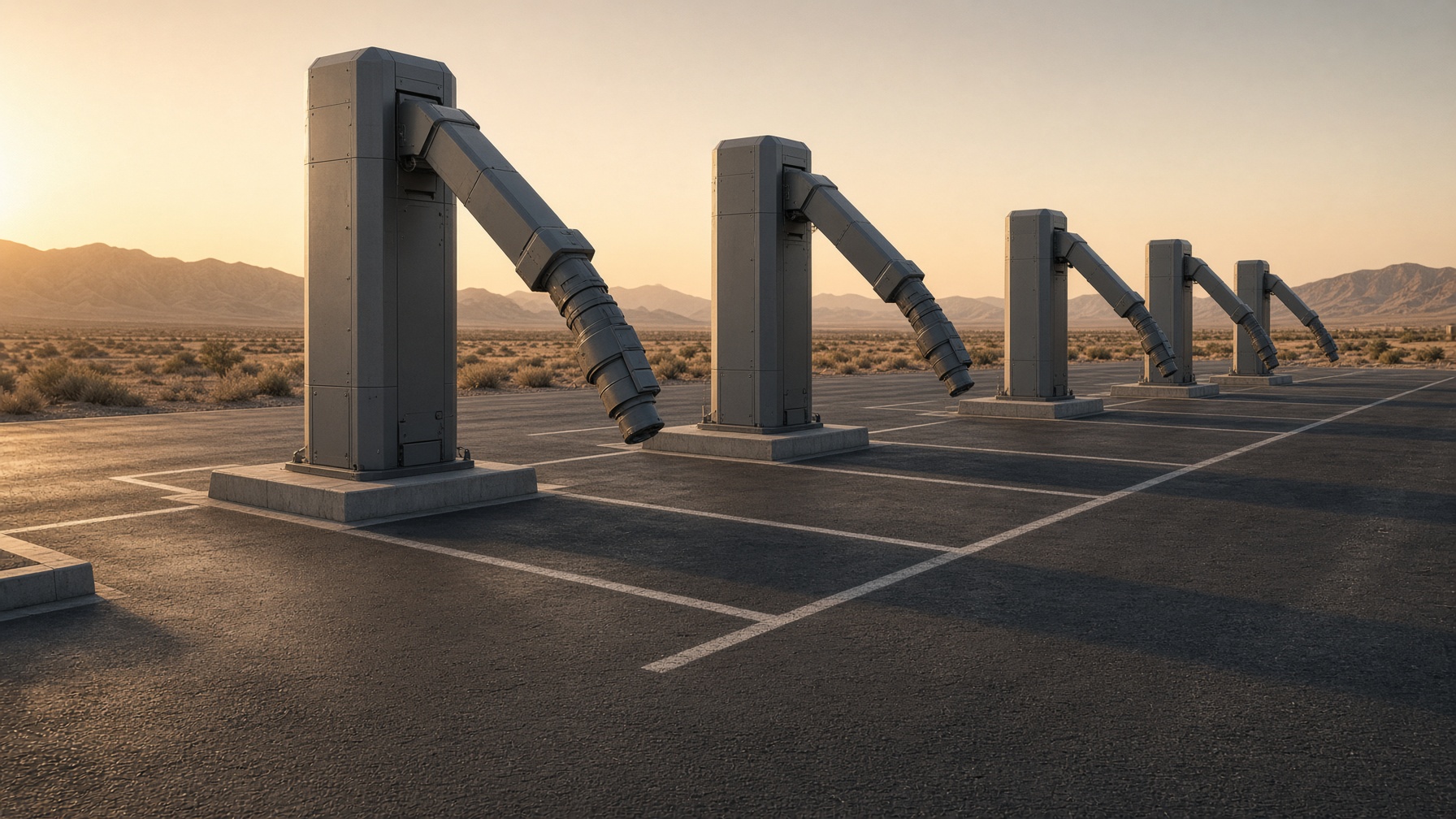 Reconstruction — empty megawatt truck island. Semi corridors, not passenger occupancy.