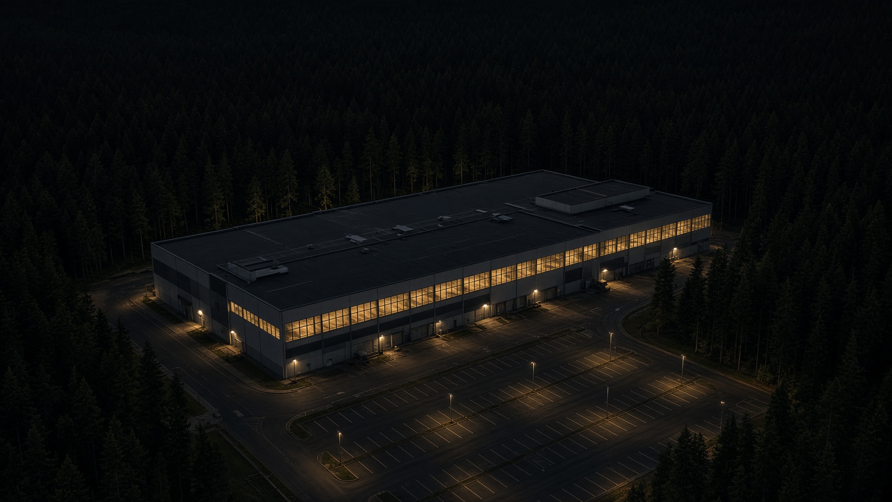 Reconstruction — German forest-edge factory at night. Not a live cam.
