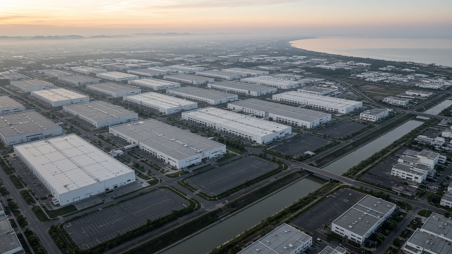 Reconstruction — dense coastal EV campus at dawn. Distinct from the Shanghai stills used on Conflicts.