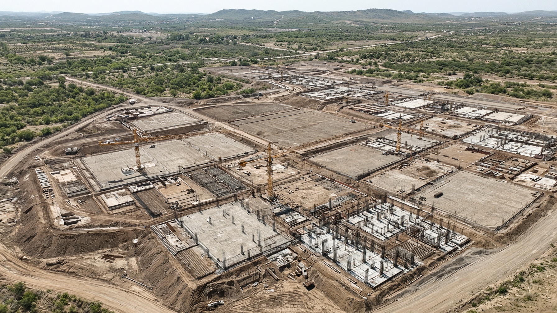 Reconstruction — greenfield Mexican EV site, idle cranes. Dirt is not nameplate.