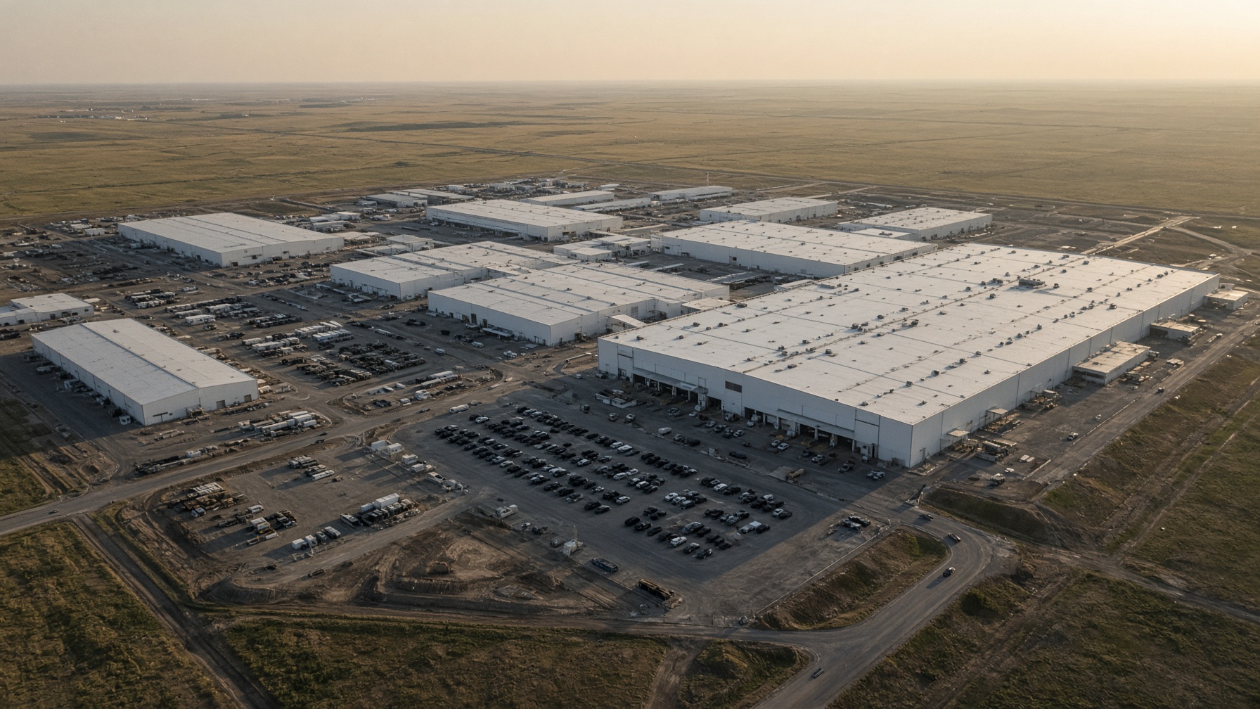 Reconstruction — Texas EV campus at late afternoon. Unfinished vehicles as rectangles. Not a Tesla-branded still.