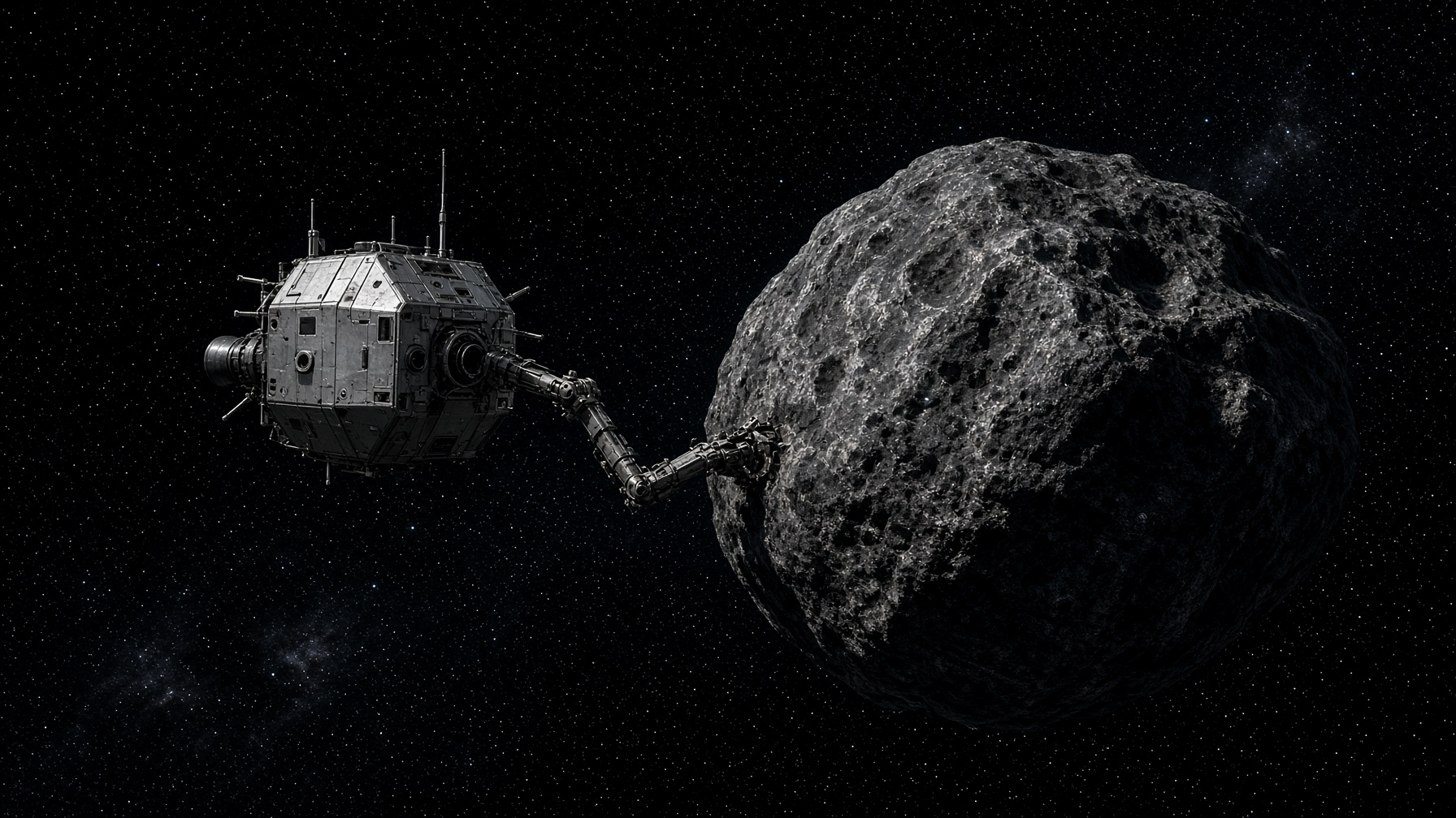 Reconstruction — unmarked craft on a dark NEA. A grapple is not a mine.