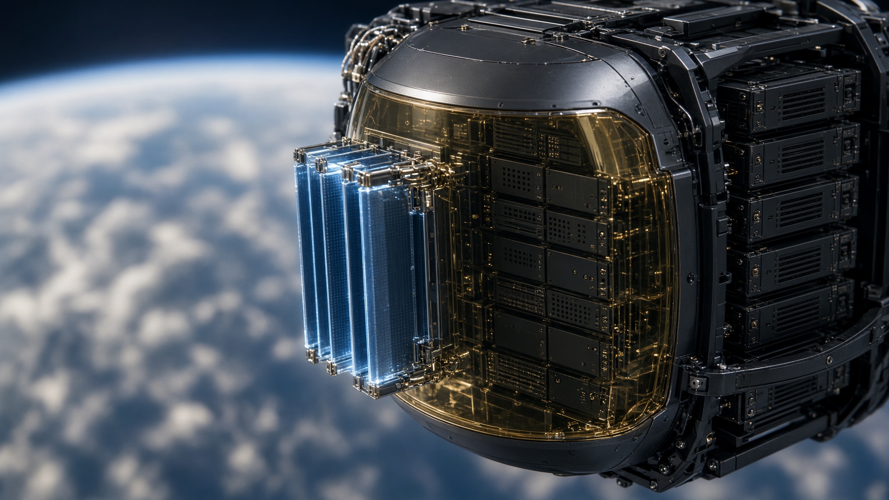 Reconstruction — vacuum radiator and unlabeled racks. Cryogenic cooling in vacuum is the cited physics, not a shipped SKU.