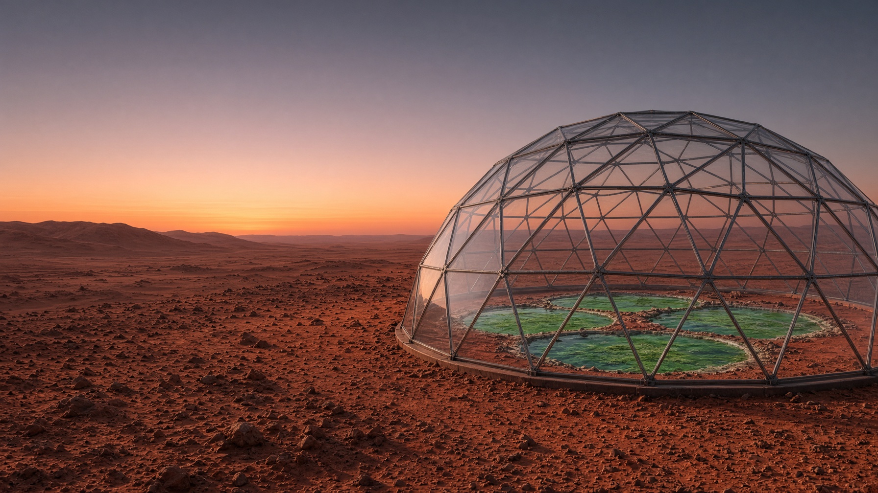 Reconstruction — cyanobacteria ponds under an empty greenhouse. A pond is not an atmosphere.