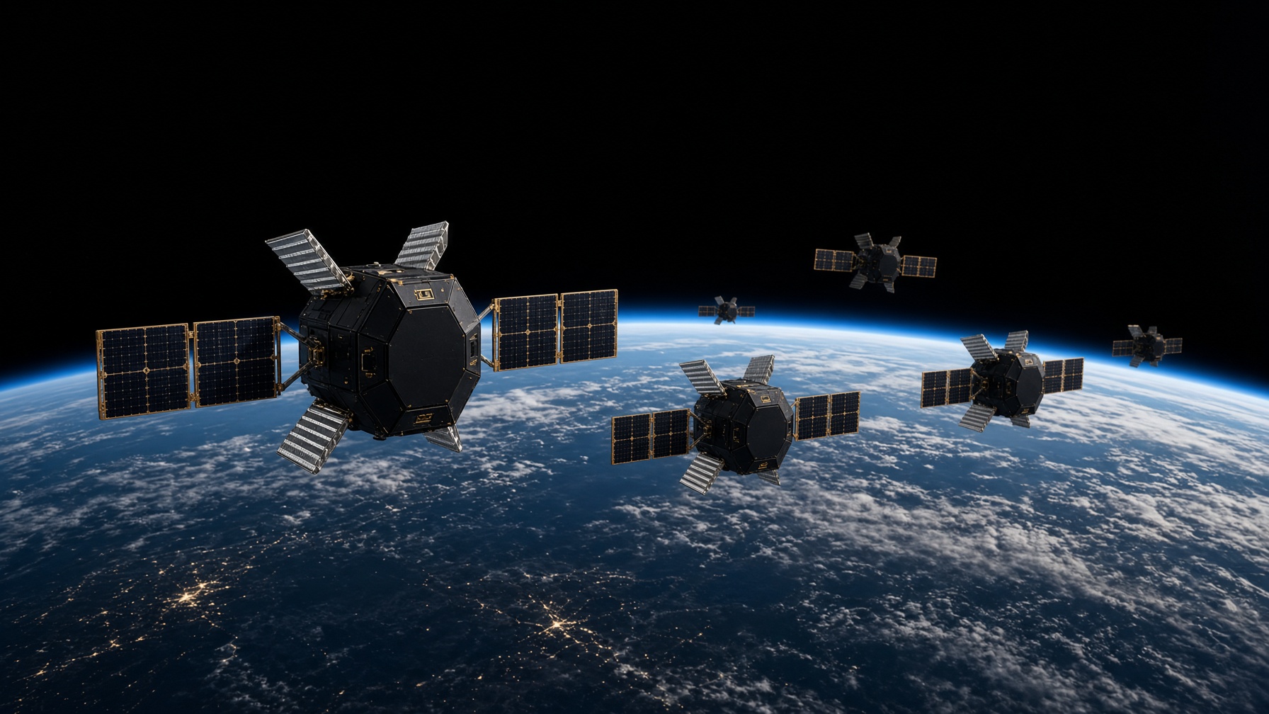Reconstruction — LEO compute modules with solar wings. Not a Tesla/SpaceX product. Not on orbit.