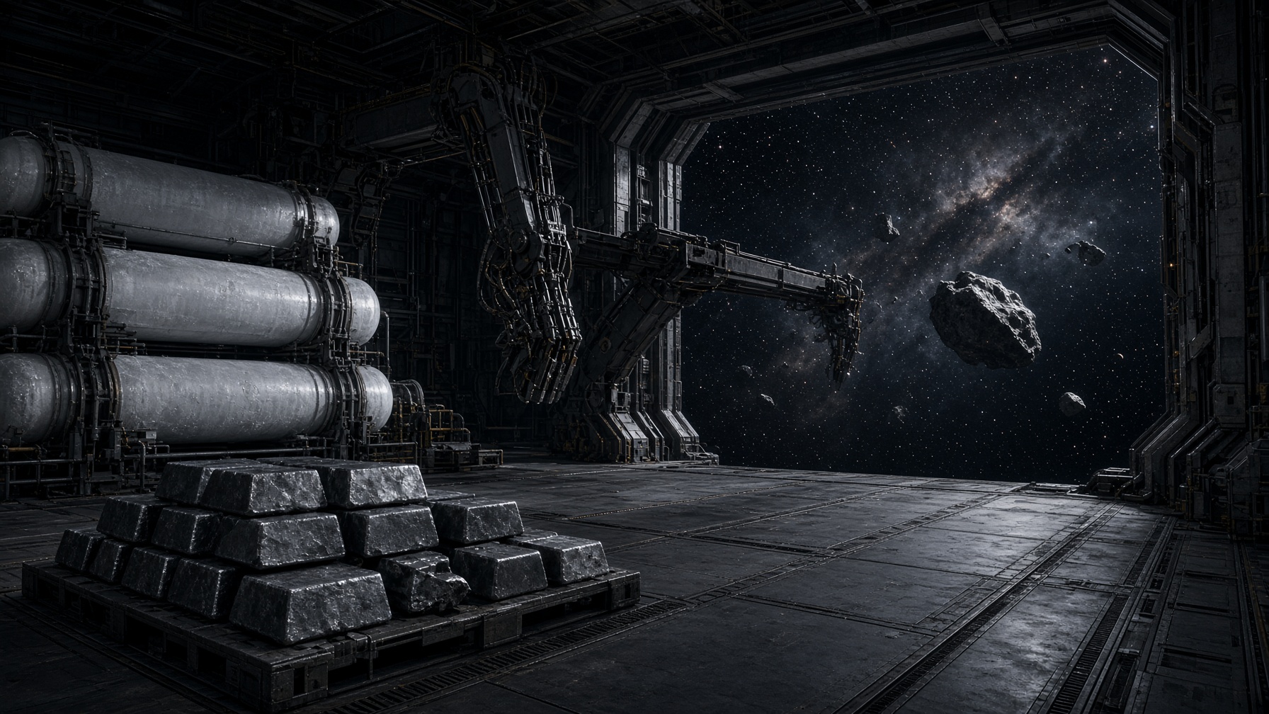 Reconstruction — empty deep-space refinery. Ice tanks and ingots. No yield on this card.