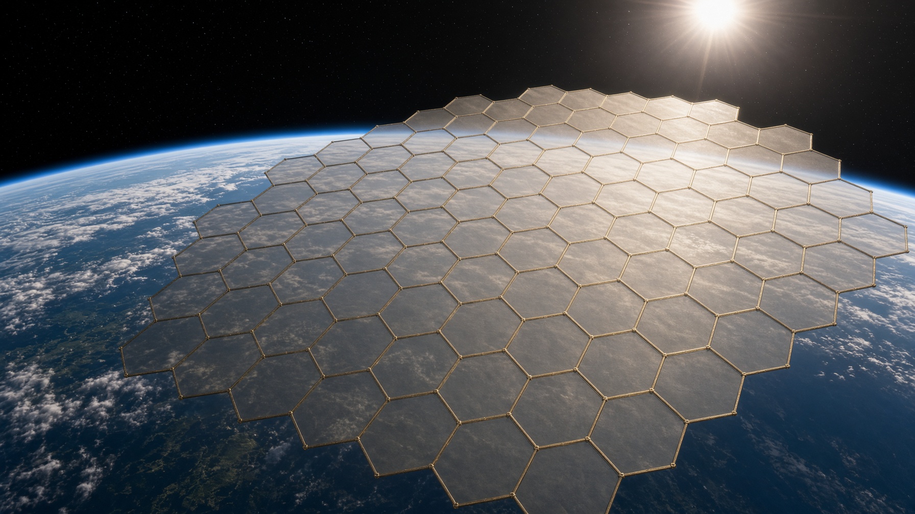 Reconstruction — orbital sun-shade lattice. A sail between Earth and Sun is a treaty, then a product.