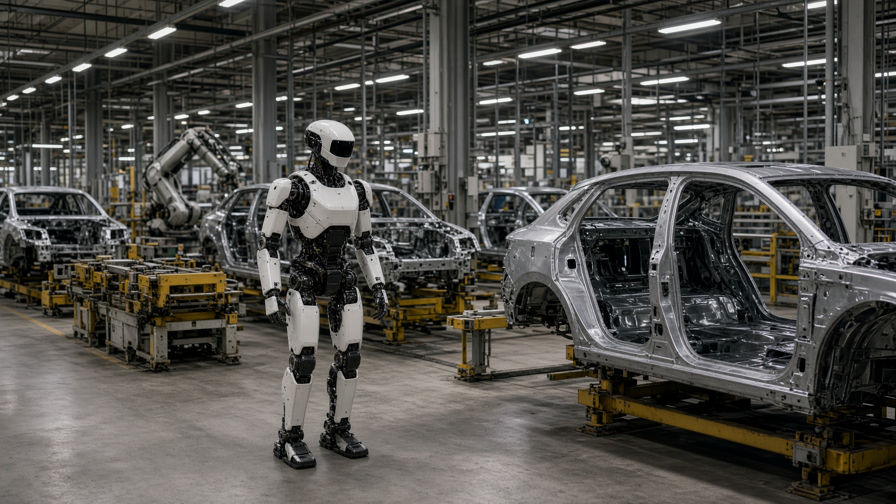Reconstruction — idle bot on a car line. Academy units are not useful factory labor.