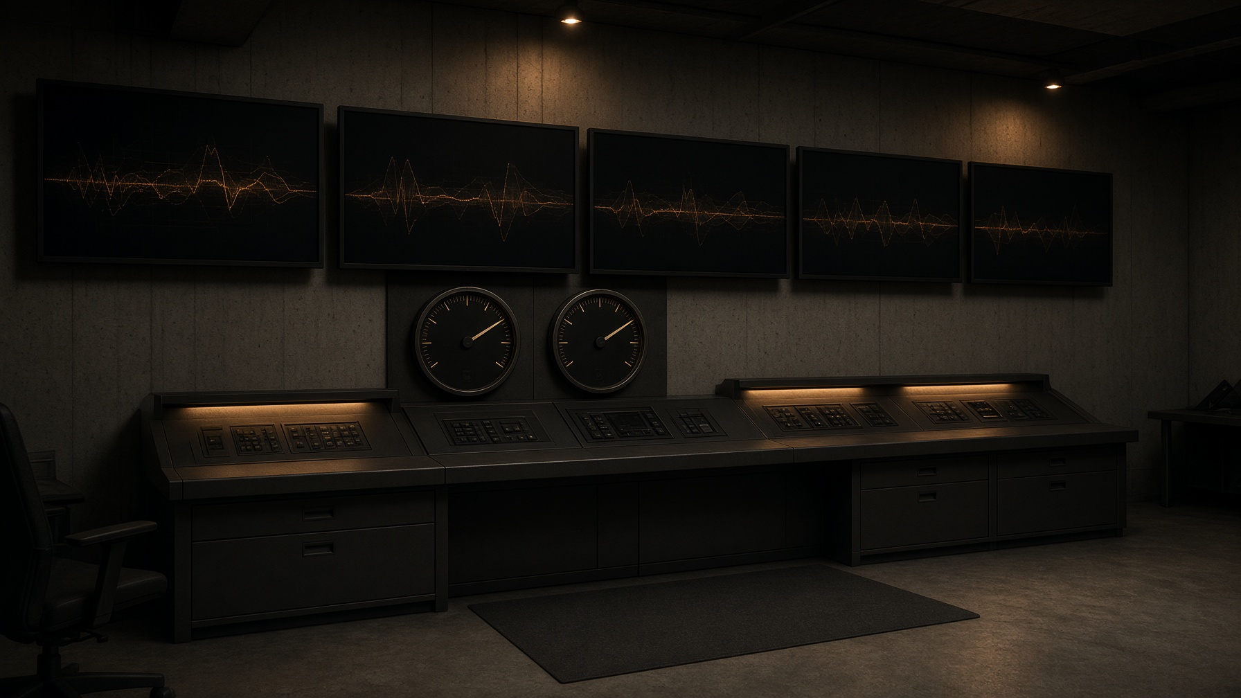 Reconstruction — empty war-room console, two analog gauges. Inputs move the clock. They do not move physics.