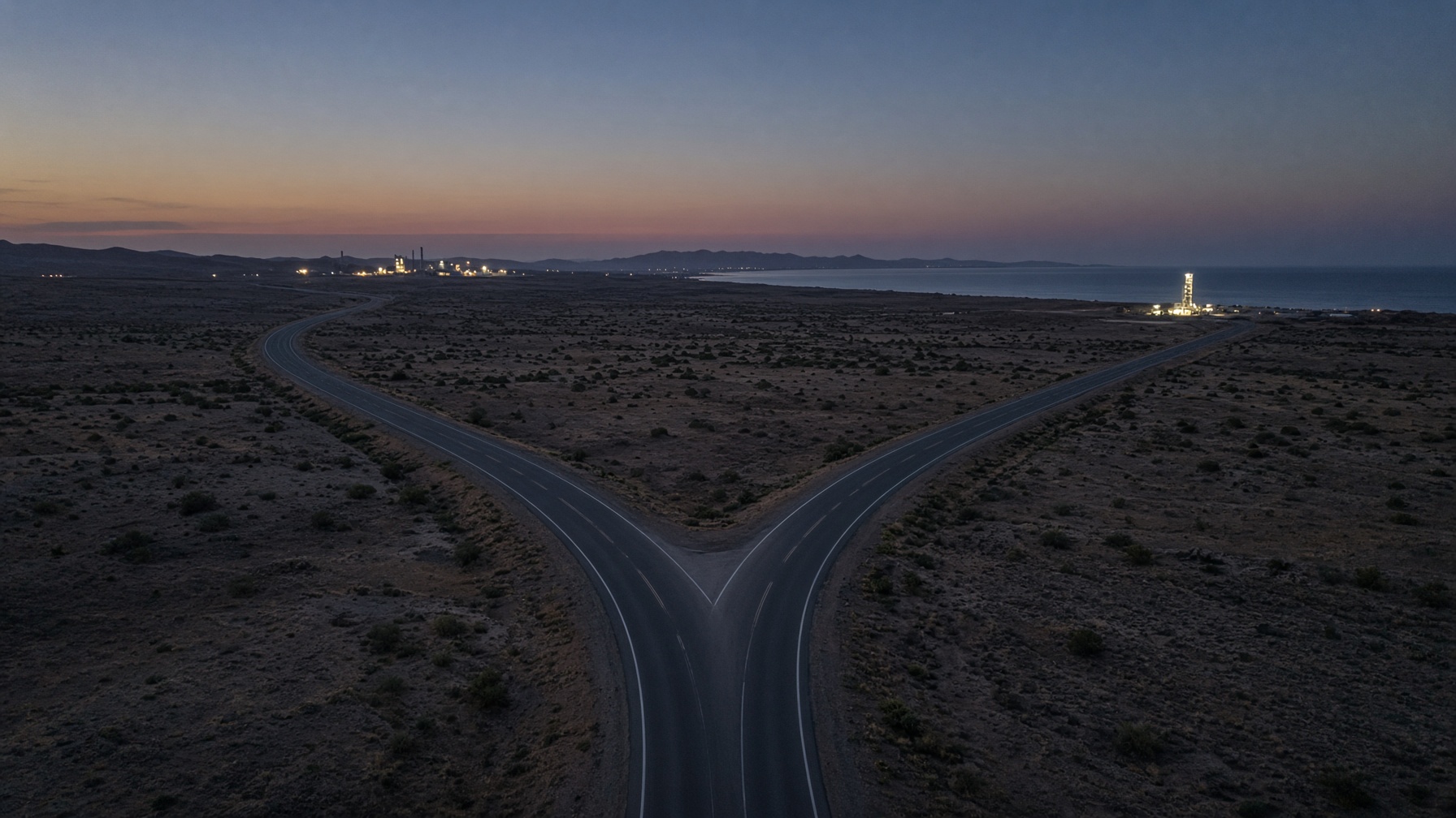 Reconstruction — two empty desert highways. Plant glow vs pad light. A fork is not a forecast.