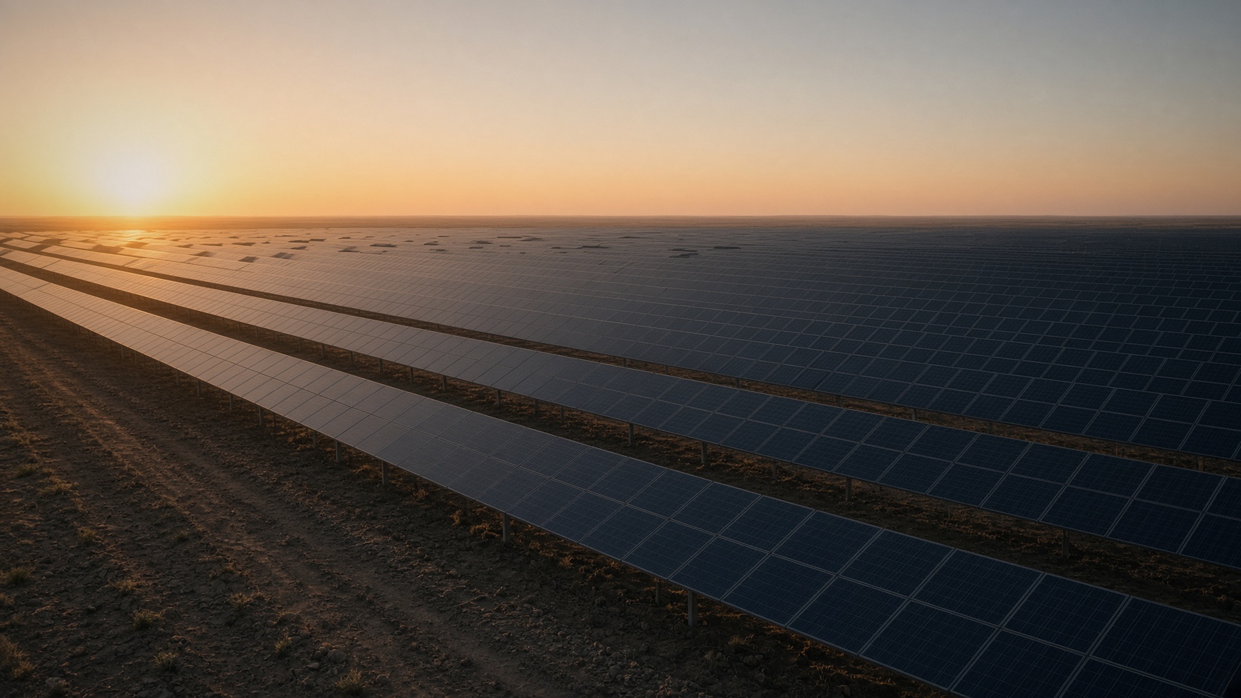 Reconstruction — utility PV field at golden hour. Not a roof. Not a Megapack.