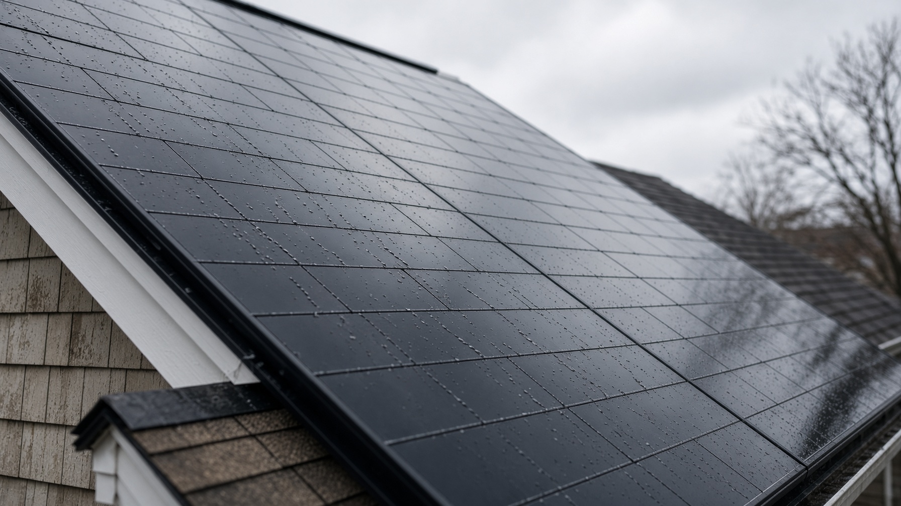 Reconstruction — wet black glass tiles on an empty house. Distinct from the Solar Roof still on Energy.