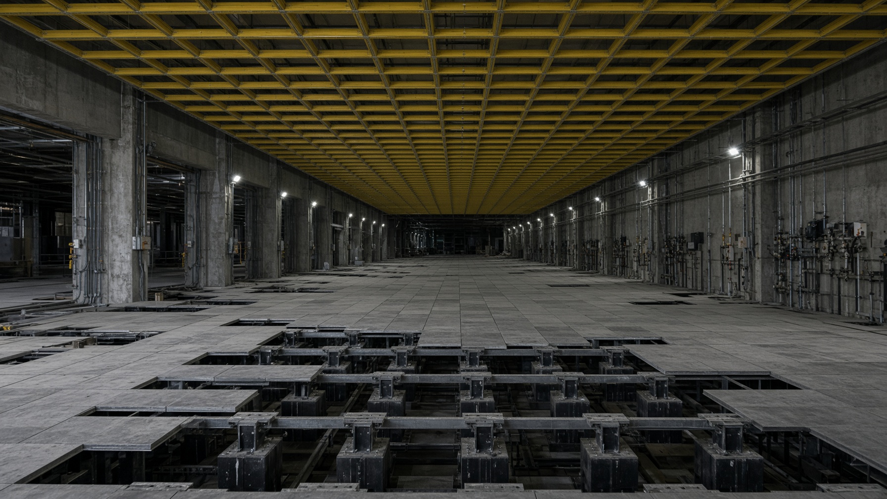 Reconstruction — empty packaging hall. Not a Tesla/SpaceX cleanroom. No wafer starts on this card.